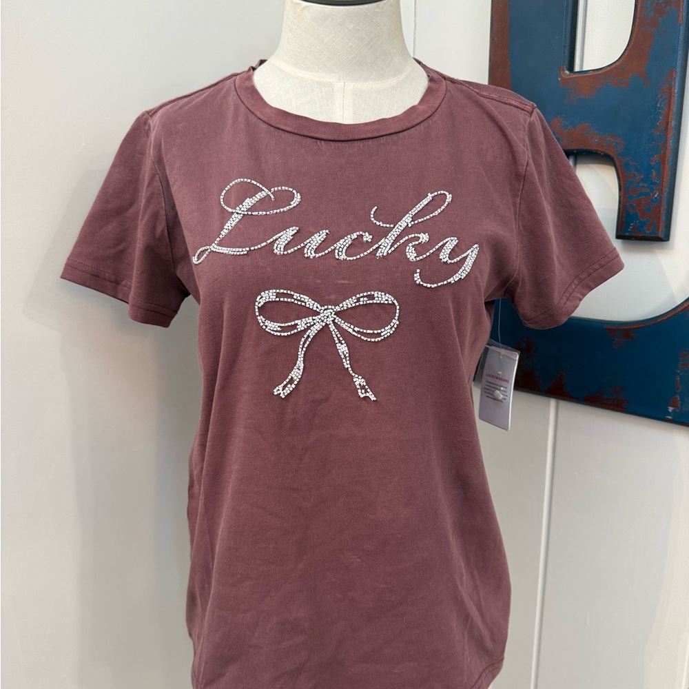 Lucky Embellished Graphic Tee - Mauvey brown white beading size m NWT